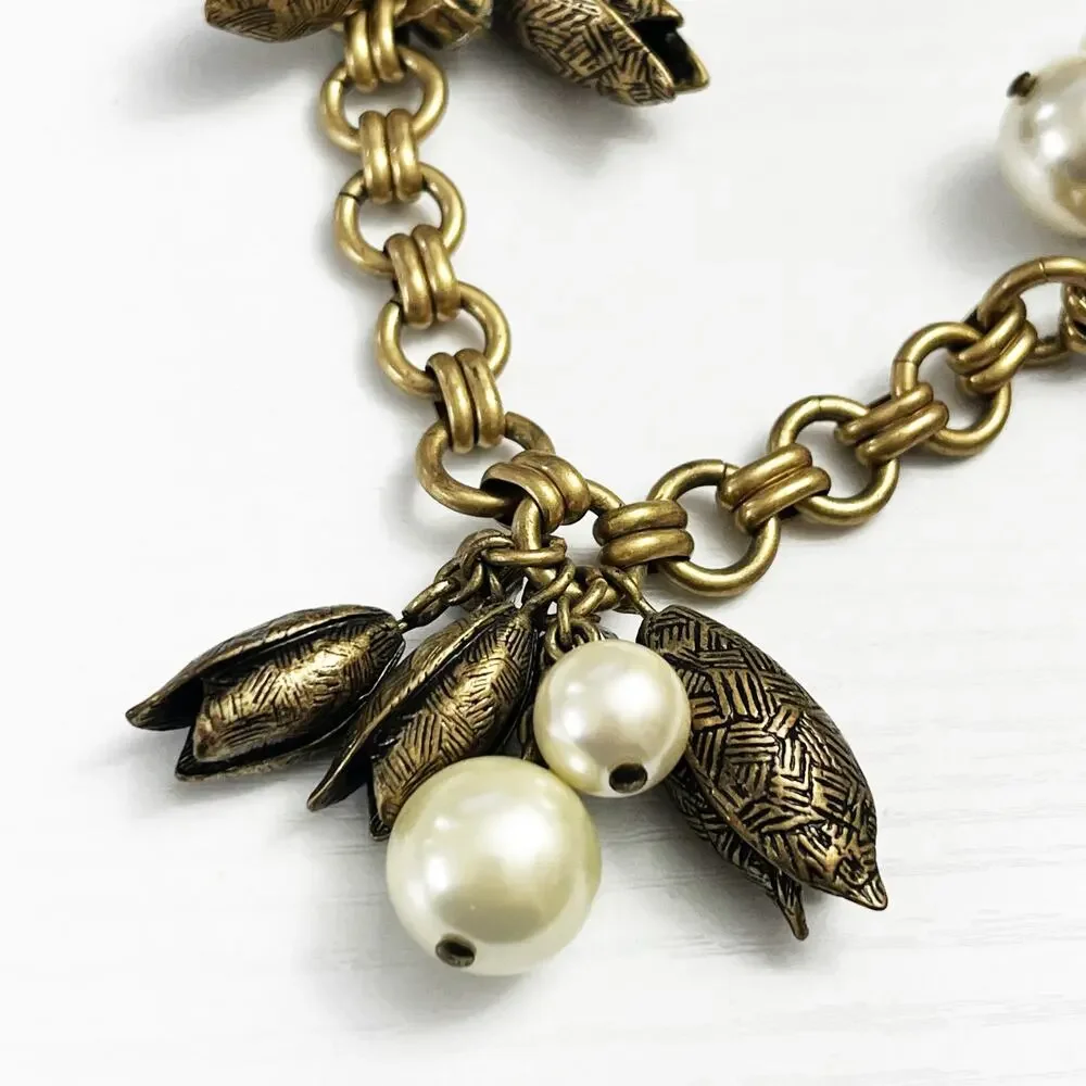 J. Crew Faux Pearl & Brass Flower Buds Ribbon Necklace